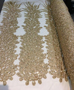 Load image into Gallery viewer, GOLD Vegas peacock sequin gem beaded on mesh, sold by the PANEL - prom, wedding, pageant, costume, home decor,dress

