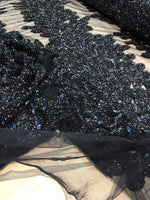 Load image into Gallery viewer, NAVY Vegas peacock sequin gem beaded on mesh, sold by the PANEL - prom, wedding, pageant, costume, home decor,dress, FREESHIPPING
