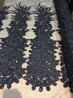 Load image into Gallery viewer, NAVY Vegas peacock sequin gem beaded on mesh, sold by the PANEL - prom, wedding, pageant, costume, home decor,dress, FREESHIPPING
