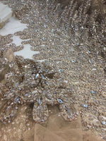 Load image into Gallery viewer, LIGHT GOLD Vegas peacock sequin gem beaded on mesh, sold by the PANEL - prom, wedding, pageant, costume, home decor,dress,
