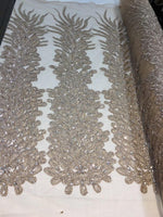 Load image into Gallery viewer, LIGHT GOLD Vegas peacock sequin gem beaded on mesh, sold by the PANEL - prom, wedding, pageant, costume, home decor,dress,
