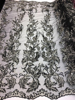 Load image into Gallery viewer, Melanie Feather Floral Leaves beaded mesh Fabric - Wedding Dress, Pageants, prom, bridesmaid, costume
