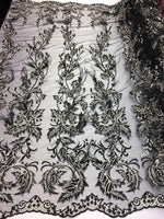 Load image into Gallery viewer, Melanie Feather Floral Leaves beaded mesh Fabric - Wedding Dress, Pageants, prom, bridesmaid, costume, award show, quinceanera
