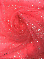 Load image into Gallery viewer, Star sparkle Bursts on coral Sheer Organza 58 Inch Wide Fabric
