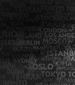 Load image into Gallery viewer, Black with Black  World City Names and symbols upholstery Faux Leather vinyl fabric per yard

