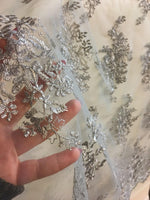 Load image into Gallery viewer, Floral Tulle Lace scalloped Edges Embroidery Fabric Sold By Yard AVAILABLE MULTIPLE COLORS
