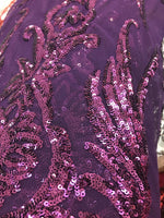 Load image into Gallery viewer, Victorian Egg/Tulip, PLUM , Big Print, Sequin, 4-way Stretch, Fabric 54" Sold By the Yard, Wedding, Prom, Dresses, Lingerie, Pageant
