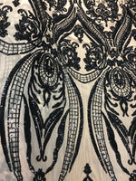 Load image into Gallery viewer, Sequin,Victorian Black on nude Big Print, 4-way Stretch, Fabric 54" Sold By the Yard, Wedding, Prom, Dresses, Lingerie, Pageant

