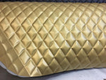 Load image into Gallery viewer, Contract Vinyl Leather Faux vinyl Quilted Shiny Silver and Gold auto headliner headboard fabric with 3/8" Foam Backing Upholstery 52" Wide
