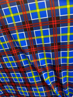 Load image into Gallery viewer, plaid blue red poly Spandex dance 4 way stretch 58" wide
