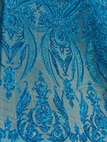 Load image into Gallery viewer, Aqua  Victorian Egg/Tulip, Sequin, 4-way Stretch, Fabric 54" Sold By the Yard, Wedding, Prom, Dresses, Lingerie, Pageant
