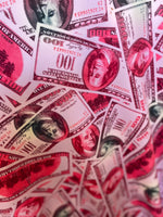 Load image into Gallery viewer, Pink Money  dollar pattern 4 way stretch spandex fabric, one hundred dollar bill, SOLD BY YARD 60 inches wide
