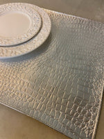 Load image into Gallery viewer, Silver Crocodile Vinyl Placemats Set of 6 – 14x14 Luxury Metallic Table Mats – Waterproof Wipeable Dining Decor – Modern Glam Table Setting
