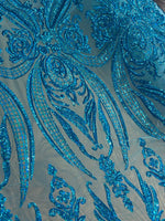 Load image into Gallery viewer, Aqua  Victorian Egg/Tulip, Sequin, 4-way Stretch, Fabric 54" Sold By the Yard, Wedding, Prom, Dresses, Lingerie, Pageant
