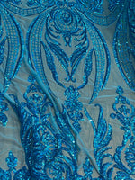 Load image into Gallery viewer, Aqua  Victorian Egg/Tulip, Sequin, 4-way Stretch, Fabric 54" Sold By the Yard, Wedding, Prom, Dresses, Lingerie, Pageant
