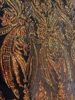 Load image into Gallery viewer, Orange black on black Victorian Big Print, Sequin, 4-way Stretch, Fabric 54" wide
