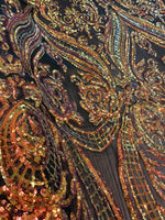 Load image into Gallery viewer, Orange black on black Victorian Big Print, Sequin, 4-way Stretch, Fabric 54" wide
