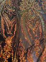 Load image into Gallery viewer, Orange black on black Victorian Big Print, Sequin, 4-way Stretch, Fabric 54" wide
