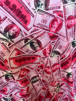 Load image into Gallery viewer, Pink Money  dollar pattern 4 way stretch spandex fabric, one hundred dollar bill, SOLD BY YARD 60 inches wide
