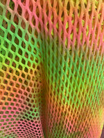 Load image into Gallery viewer, Peach / Green Shiny Fishnet with Lurex Nylon Spandex 60" Sold by Yard  58" wide  Sportswear, Athletic
