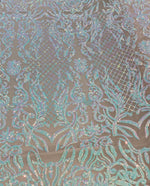 Load image into Gallery viewer, KARMA, Iridescent blue , Big Print, Sequin, 4-way Stretch, Fabric 54" Sold By the Yard, Wedding, Prom, Dresses, Lingerie, Pageant
