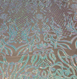Load image into Gallery viewer, KARMA, Iridescent blue , Big Print, Sequin, 4-way Stretch, Fabric 54" Sold By the Yard, Wedding, Prom, Dresses, Lingerie, Pageant
