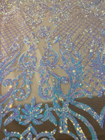 Load image into Gallery viewer, KARMA, Blue/ Purple  , Big Print, Sequin, 4-way Stretch, Fabric 54" Sold By the Yard
