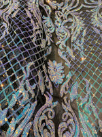 Load image into Gallery viewer, KARMA, Blue/ Purple on black mesh, Big Print, Sequin, 4-way Stretch, Fabric 54" Sold By the Yard
