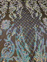 Load image into Gallery viewer, KARMA, Blue/ Purple on black mesh, Big Print, Sequin, 4-way Stretch, Fabric 54" Sold By the Yard
