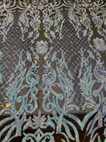 Load image into Gallery viewer, KARMA, Blue/ Purple on black mesh, Big Print, Sequin, 4-way Stretch, Fabric 54" Sold By the Yard
