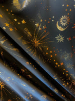 Load image into Gallery viewer, Black gold stars and moon Spandex Fabric Stretch Nylon Spandex sold by yard Dresses, Costumes, Gowns,  Clothing Linings
