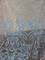 Load image into Gallery viewer, KARMA, Blue/ Purple  , Big Print, Sequin, 4-way Stretch, Fabric 54" Sold By the Yard
