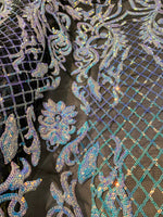 Load image into Gallery viewer, KARMA, Blue/ Purple on black mesh, Big Print, Sequin, 4-way Stretch, Fabric 54" Sold By the Yard
