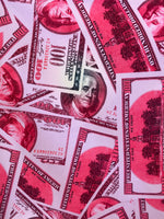 Load image into Gallery viewer, Pink matte Money  dollar pattern 4 way stretch spandex fabric, one hundred dollar bill, SOLD BY YARD 60 inches wide
