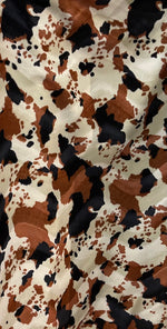 Load image into Gallery viewer, Tan brown black Spots Cow Animal print Velboa Fabric 60" Wide
