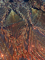 Load image into Gallery viewer, Jewel ,iridescent orange black necklace , Big Print, Sequin, 4-way Stretch, Fabric 54" By the Yard, Wedding, Prom, Dresses, Lingerie Pageant
