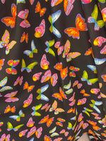 Load image into Gallery viewer, multi butterfly on black  pattern 4 way stretch spandex fabric,SOLD BY YARD 60 inches wide

