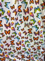 Load image into Gallery viewer, multi butterfly on white pattern 4 way stretch spandex fabric,SOLD BY YARD 60 inches wide
