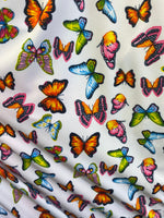 Load image into Gallery viewer, multi butterfly on white pattern 4 way stretch spandex fabric,SOLD BY YARD 60 inches wide

