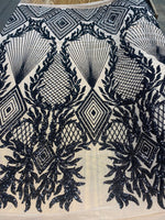 Load image into Gallery viewer, Jewel , Black on nude Big Print, Sequin, 4-way Stretch, Fabric 54" By the Yard, Wedding, Prom, Dresses, Lingerie, Pageant
