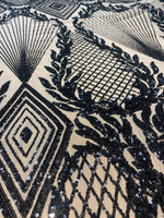 Load image into Gallery viewer, Jewel , Black on nude Big Print, Sequin, 4-way Stretch, Fabric 54" By the Yard, Wedding, Prom, Dresses, Lingerie, Pageant
