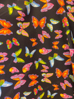 Load image into Gallery viewer, multi butterfly on black  pattern 4 way stretch spandex fabric,SOLD BY YARD 60 inches wide
