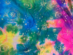 Load image into Gallery viewer, Multi tie dye galaxy foil on black stretch spandex SOLD BY YARD 60 inches wide
