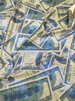 Load image into Gallery viewer, Blue metallic Money  dollar pattern 4 way stretch spandex fabric, 60 inches wide
