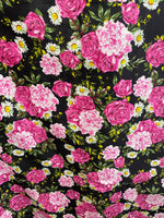 Load image into Gallery viewer, Pink floral on black Poly cotton fabric sold  by yard  POLYCOTTON 58" wide
