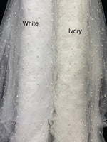 Load image into Gallery viewer, Scattered Pearls Studded Mesh, 2-Way Stretch Fabric per yard
