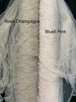 Load image into Gallery viewer, Scattered Pearls Studded Mesh, 2-Way Stretch Fabric per yard
