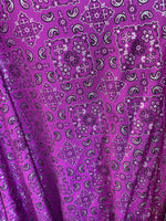 Load image into Gallery viewer, Violet Stretch bandana paisley spandex fabric 58" wide
