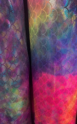 Load image into Gallery viewer, Mermaid design tie dye multicolor hologram metallic nylon spandex 4way stretch 58/60"
