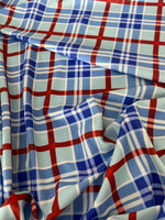 Load image into Gallery viewer, Plaid blue/red spandex 4 way stretch 58" wide
